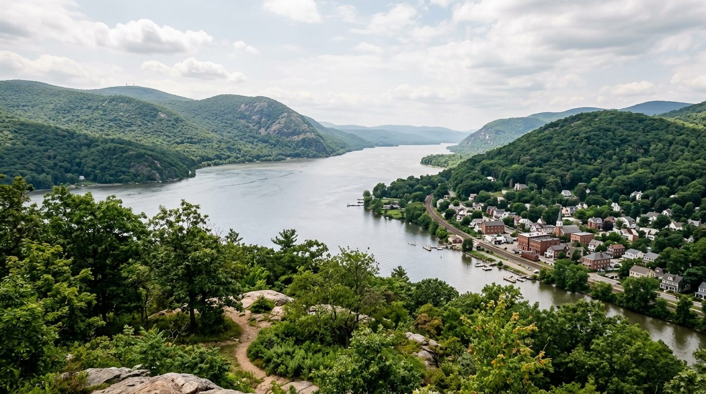 Kiryas Joel, NY — Hudson River valley with rolling green highlands, a historic riverside village