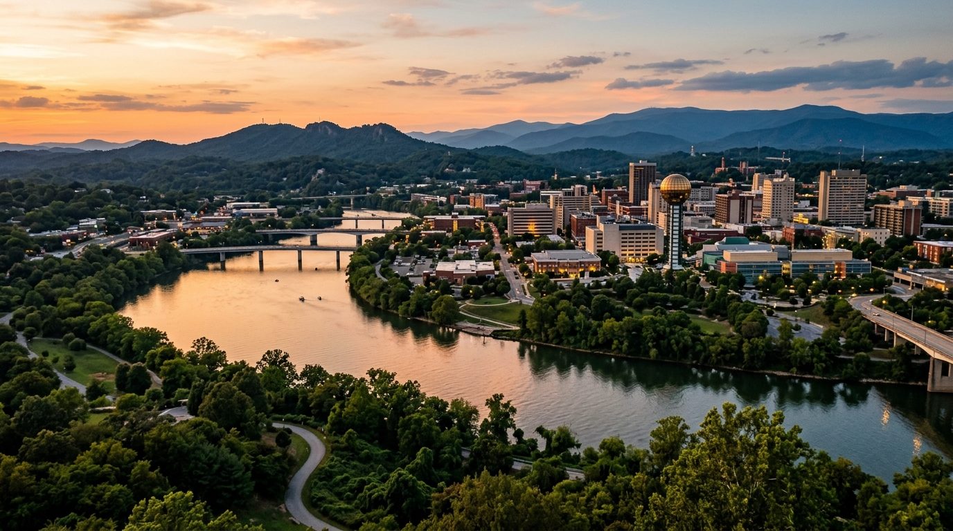 Knoxville, TN — Tennessee River curving past downtown Knoxville's skyline with forested