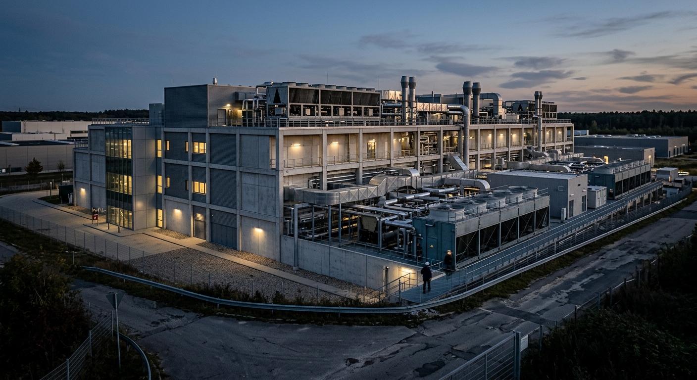 A large data center building exterior photographed at dusk.