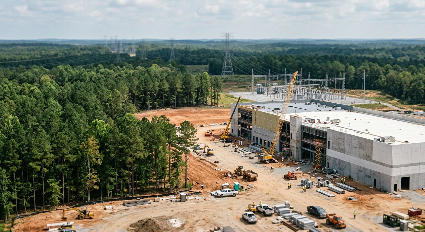 Cleared rural land and an industrial building under construction near power infrastructure in Georgia, representing a data center site.