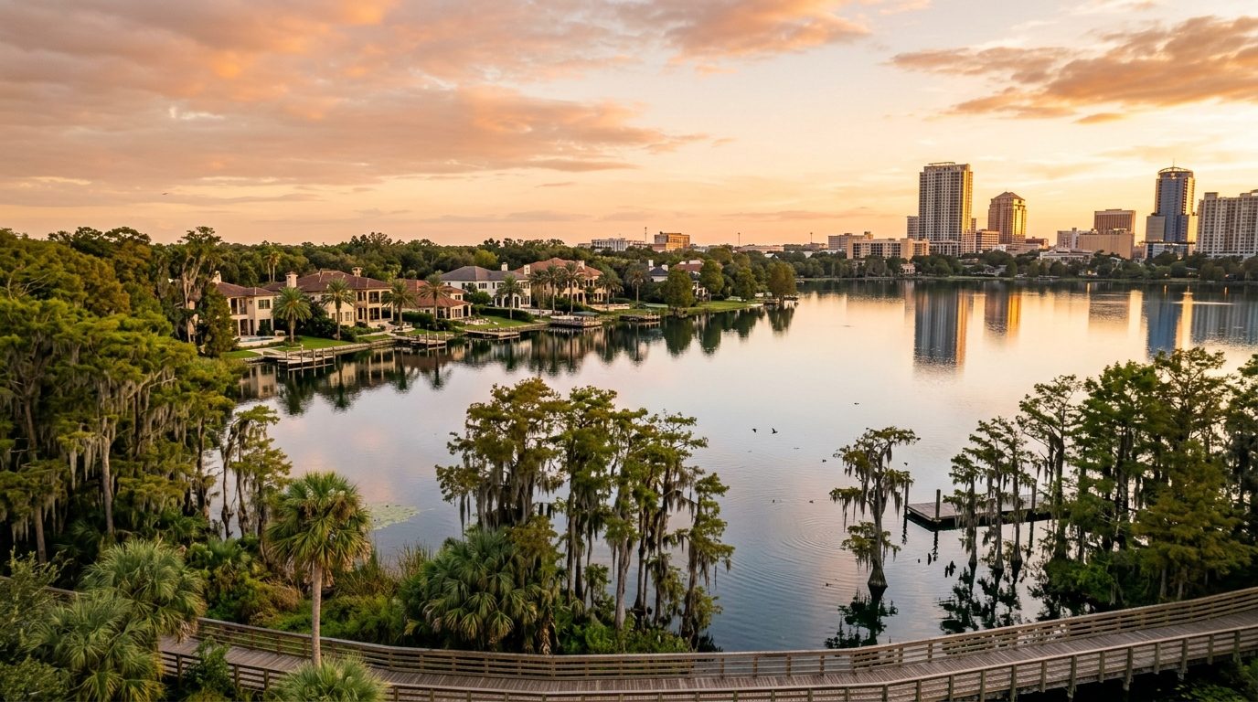 Lakeland, FL — Central Florida lake ringed by cypress trees, palm-lined shoreline homes, and a low