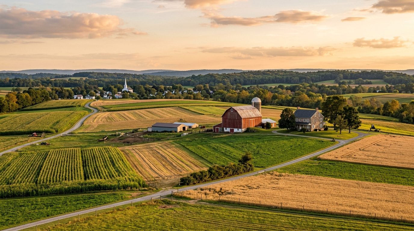 Lancaster, PA — Over rolling Pennsylvania farmland at with patchwork crop fields, a weathered red bank barn and stone