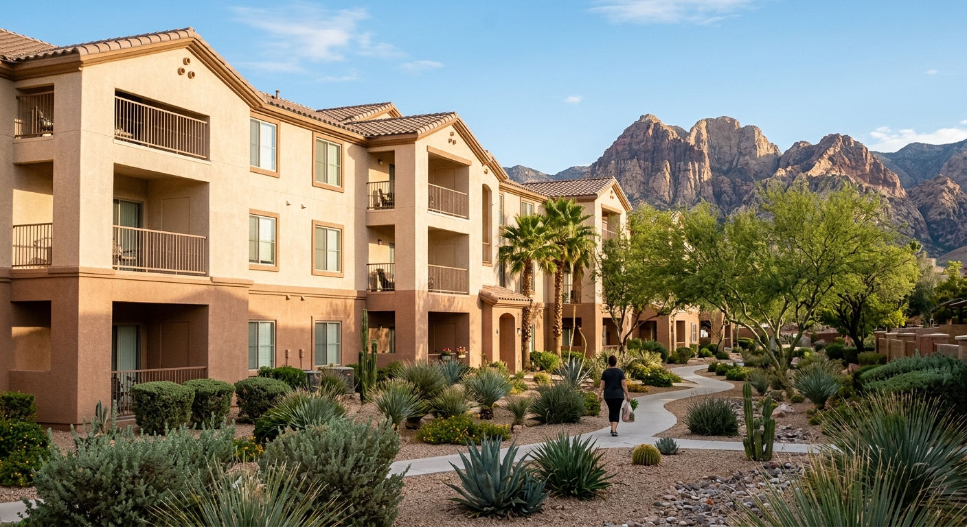 Suburban apartment complex in Las Vegas with desert mountains in the background under a clear sky.