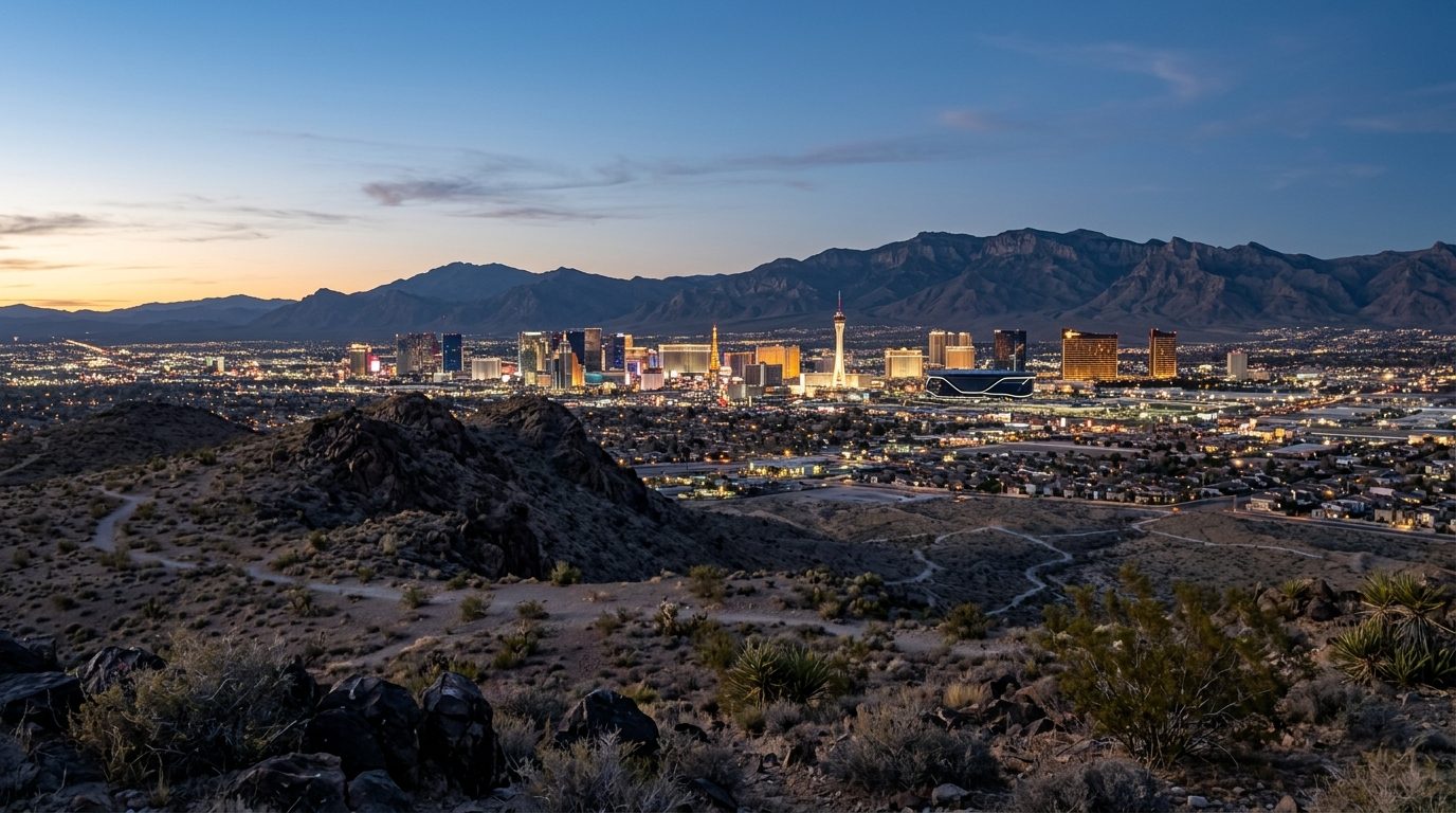 Las Vegas, NV — A wide photorealistic panorama of the Las Vegas Valley and skyline framed by desert mountains in clear twilight, with no