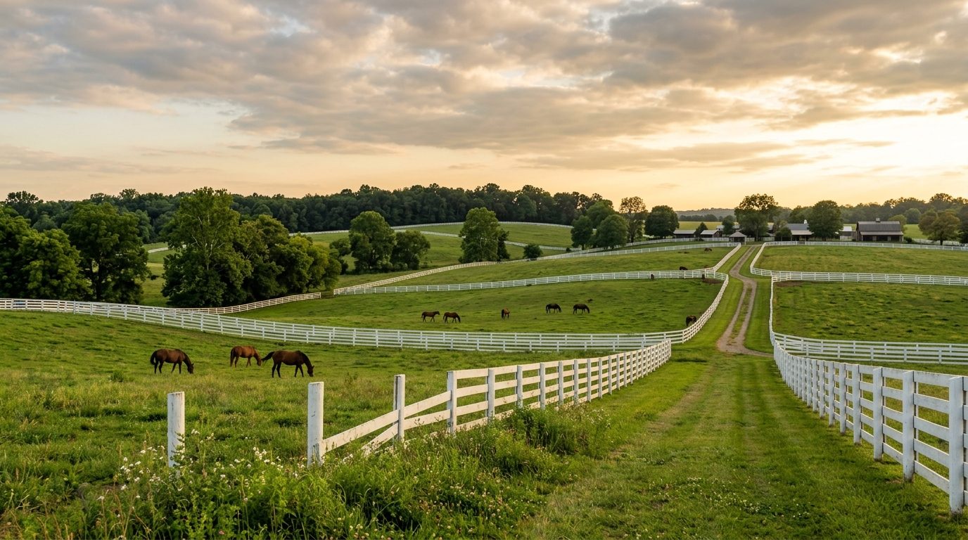 Lexington, KY — Rolling Bluegrass horse-farm pastureland at with white plank fencing, grazing paddocks, and mature trees