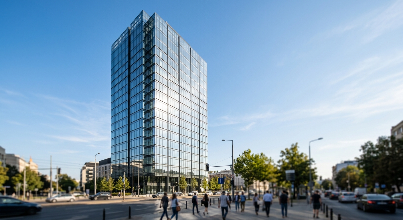 A modern glass commercial office tower exterior photographed from street level under clear skies.
