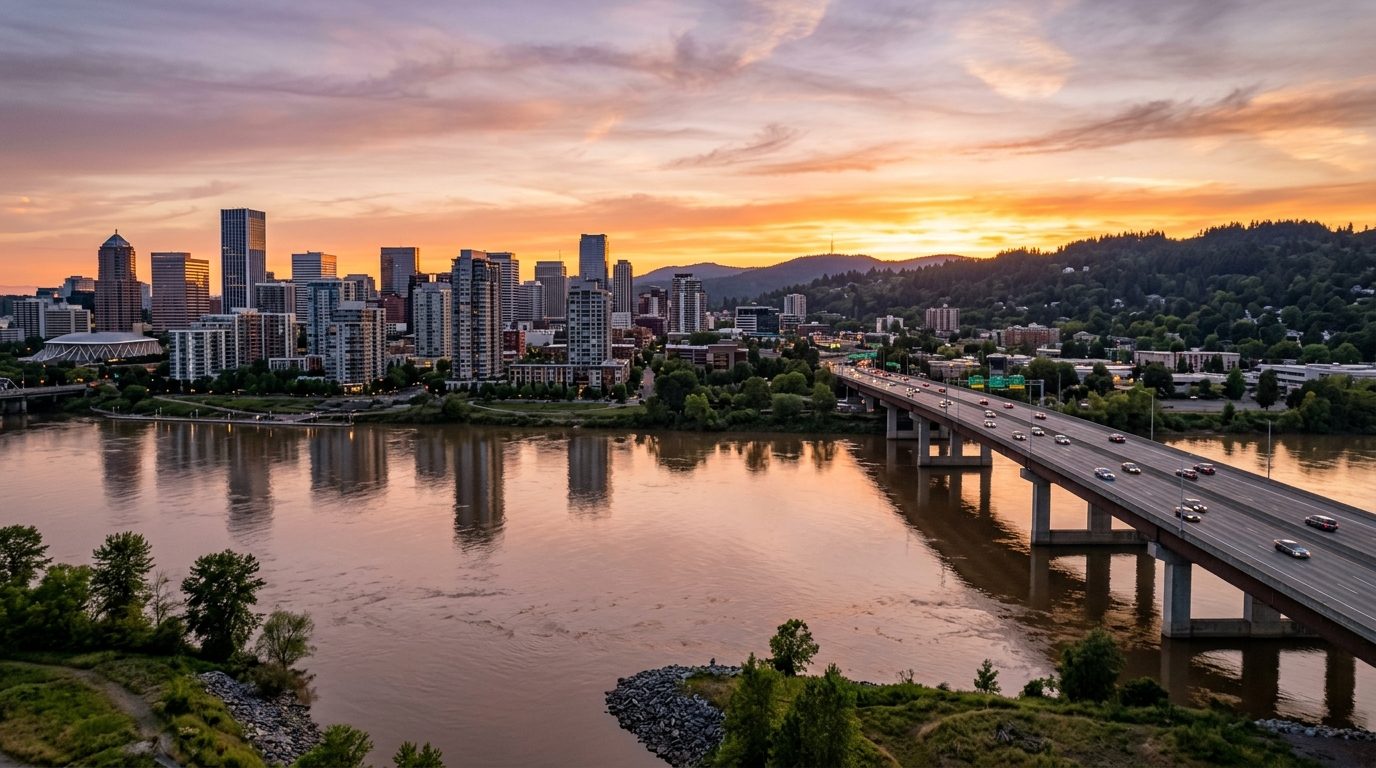 Little Rock, AR — River city skyline reflected in a broad brown river at sunset, with wooded hills