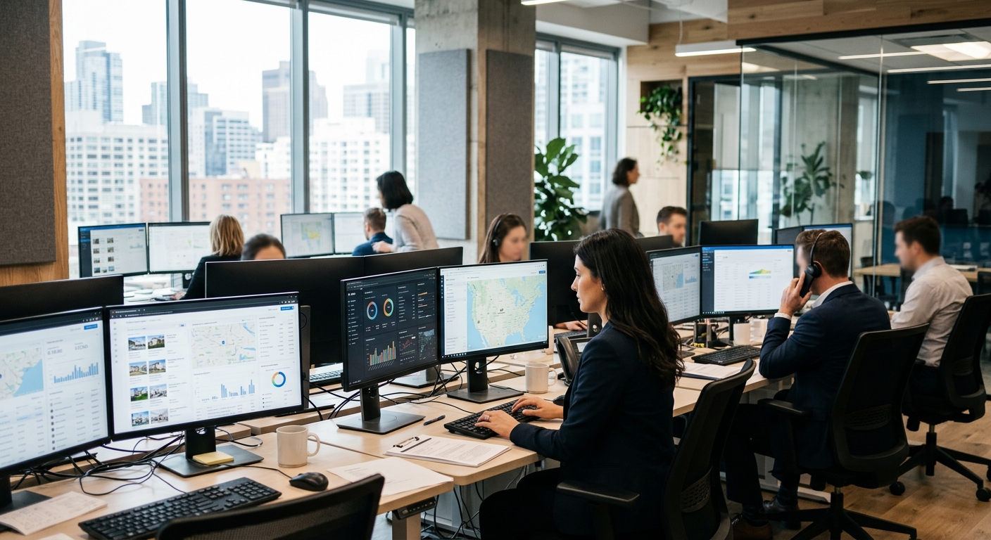 A modern real estate brokerage office with agents working at computer monitors.