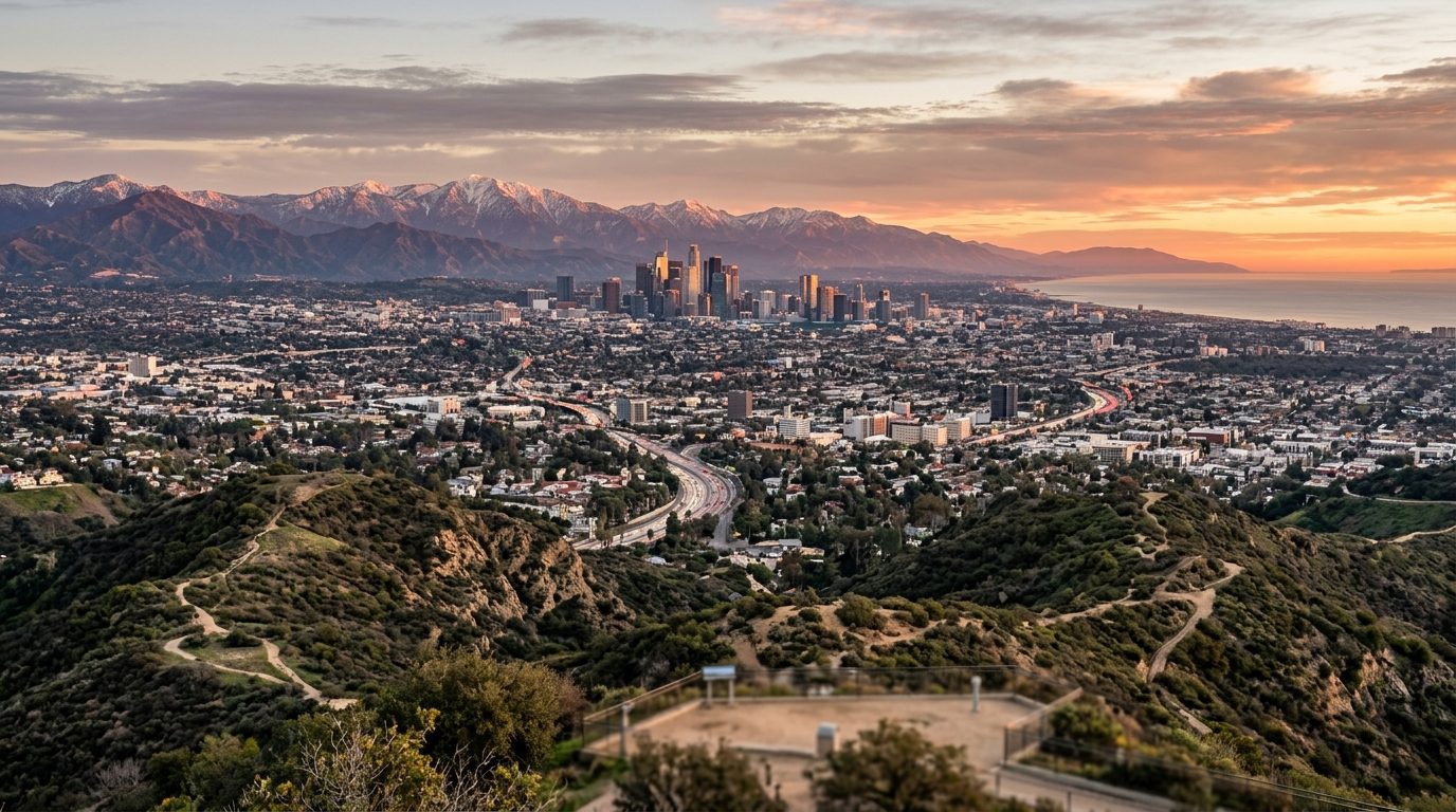 Los Angeles, CA — A clear coastal panorama showing the Los Angeles skyline, the San Gabriel Mountains and the Pacific-facing urban basin a