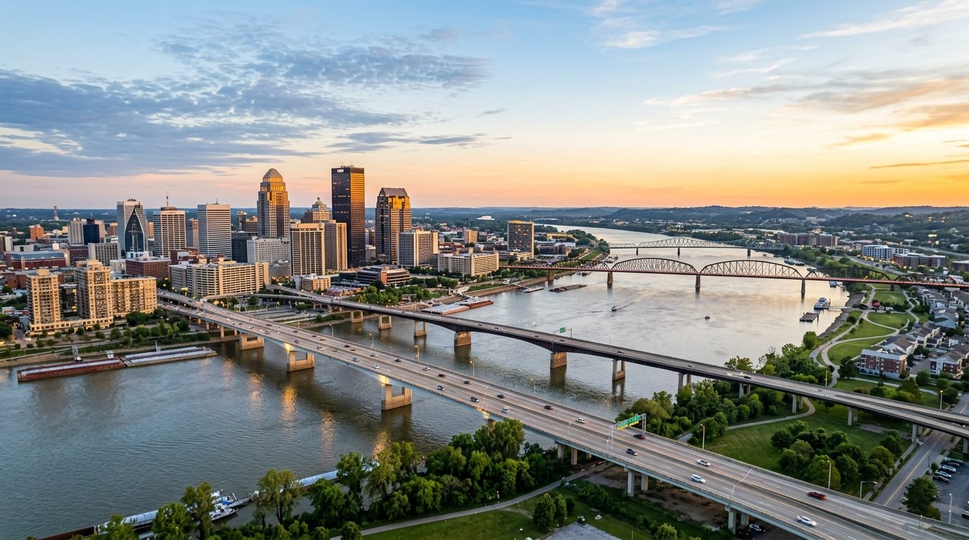 Louisville, KY — A wide photorealistic view of downtown Louisville, the Ohio River and bridges toward Southern Indiana in clear evening l