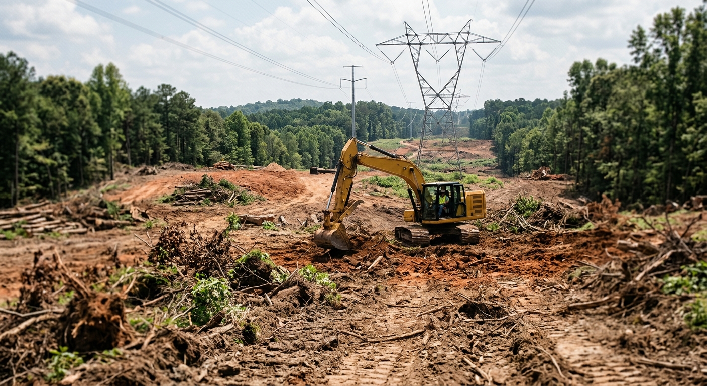 Cleared land near power transmission lines in rural Georgia, site of a proposed data center campus