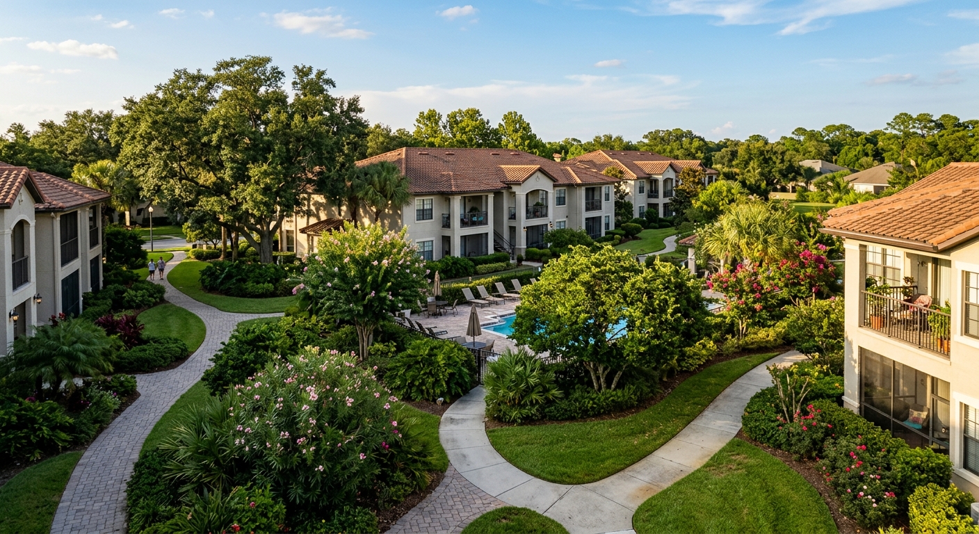 A garden-style apartment complex with mature landscaping in a Sunbelt suburban setting.