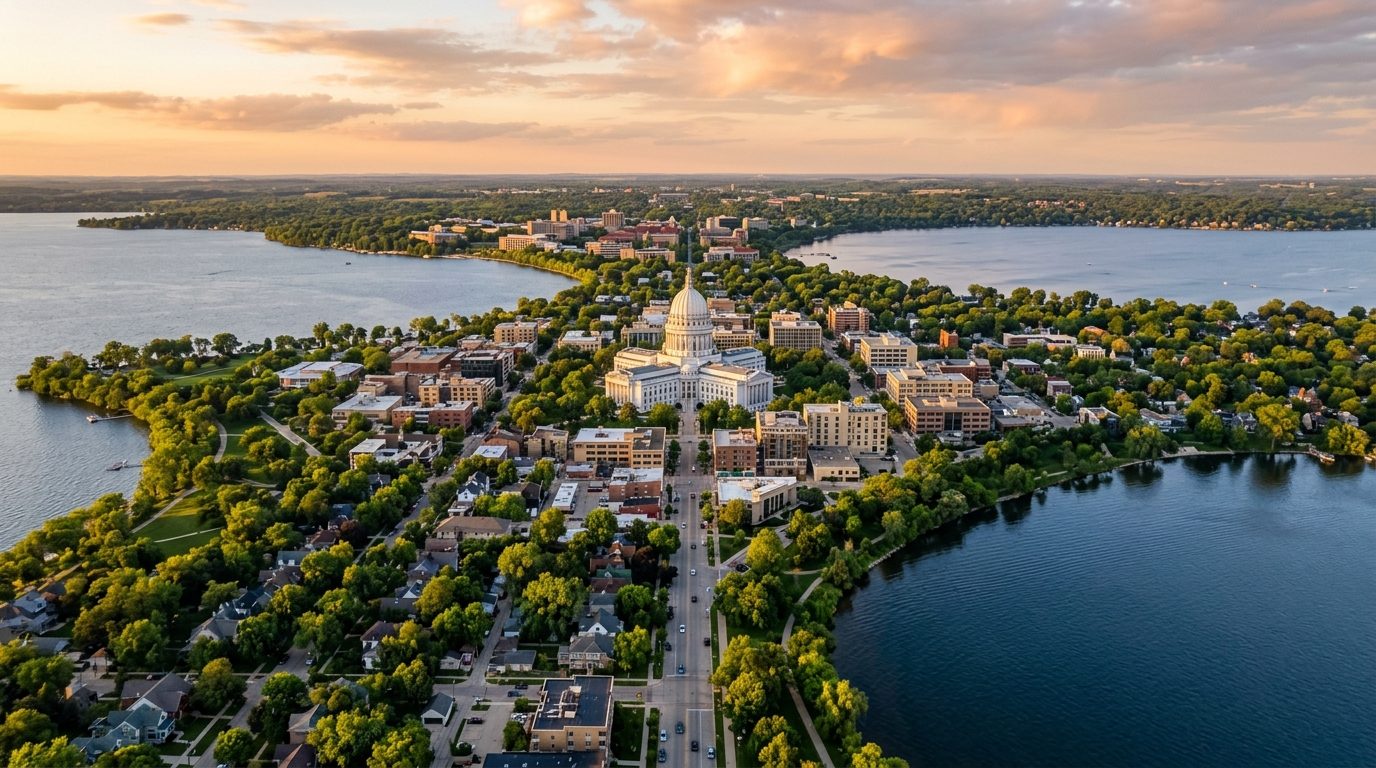 Madison, WI — Madison, Wisconsin isthmus at showing the state capitol dome flanked by Lake