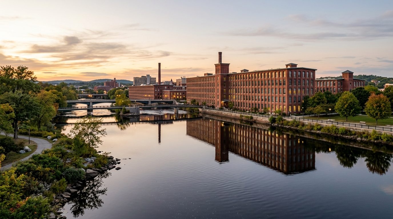 Manchester, NH — Historic Amoskeag Millyard along the Merrimack River in Manchester, New Hampshire, with red-brick mill