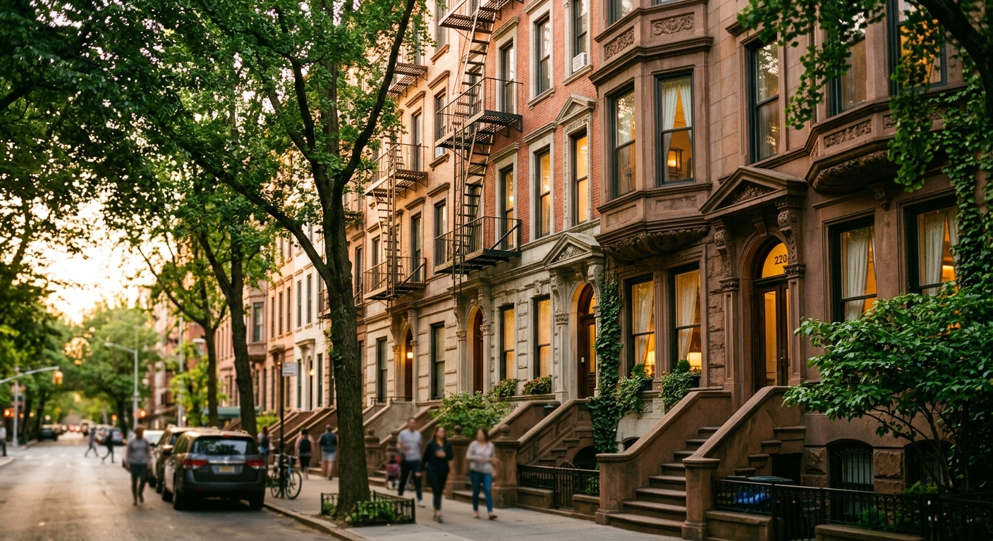 Row of Manhattan residential apartment buildings on a tree-lined Upper West Side street at golden hour.