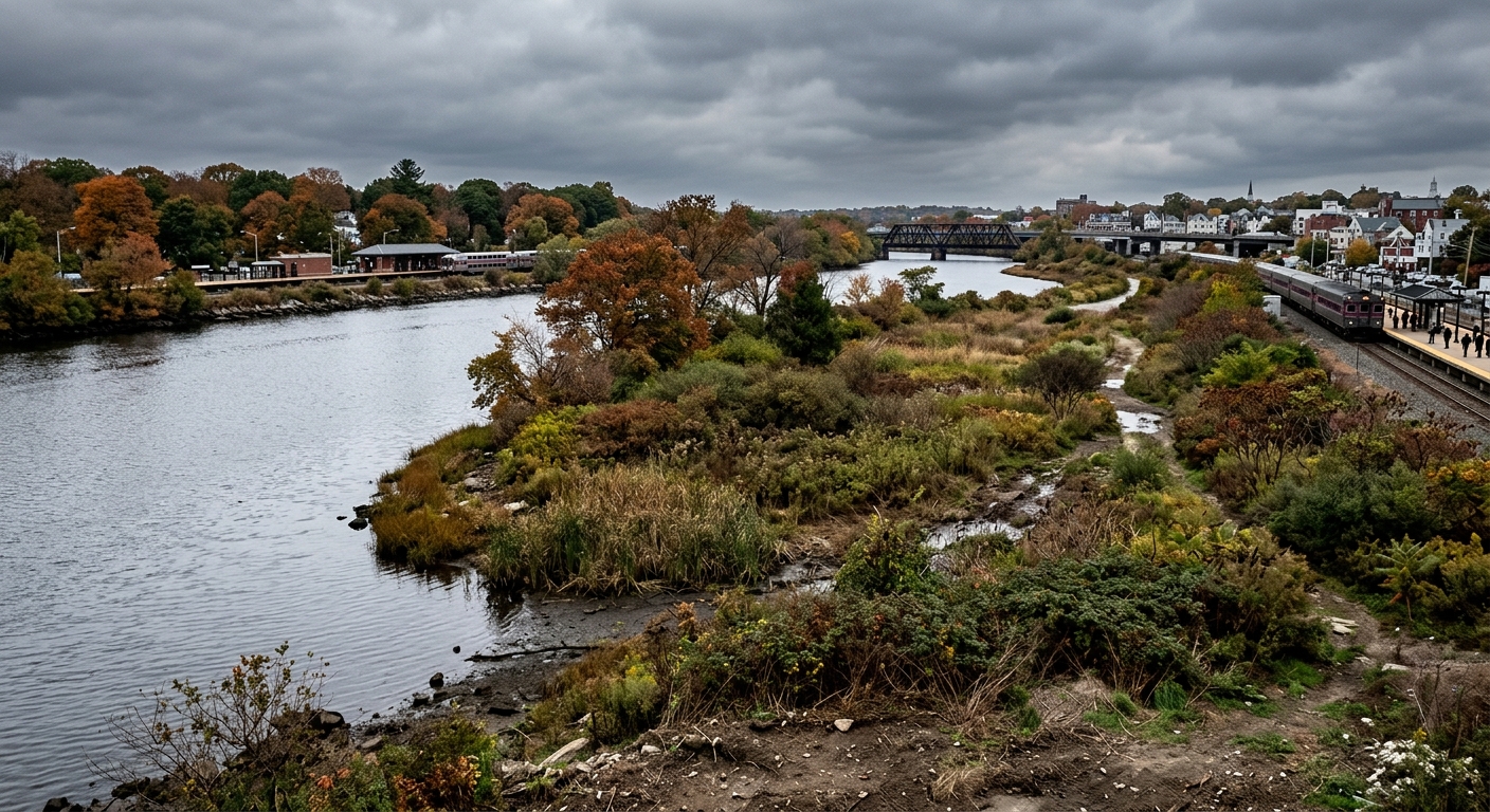 Undeveloped waterfront land along a New England river slated for transit-oriented redevelopment.
