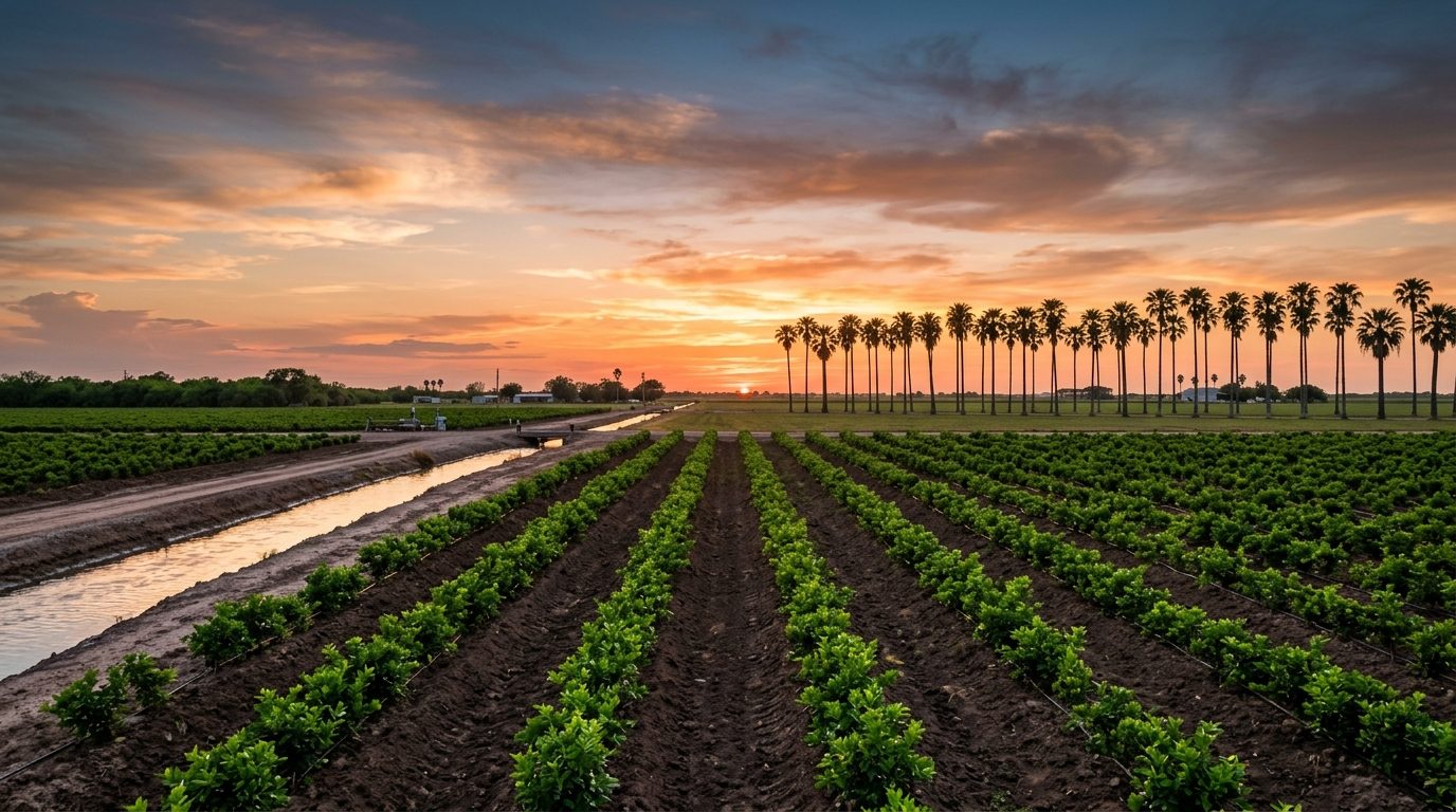 McAllen, TX — South Texas Rio Grande Valley landscape at sunset with palm trees and irrigated farmland