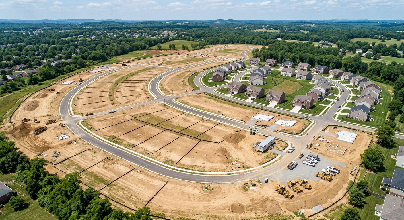 Aerial view of a suburban subdivision with graded lots representing home lot values.