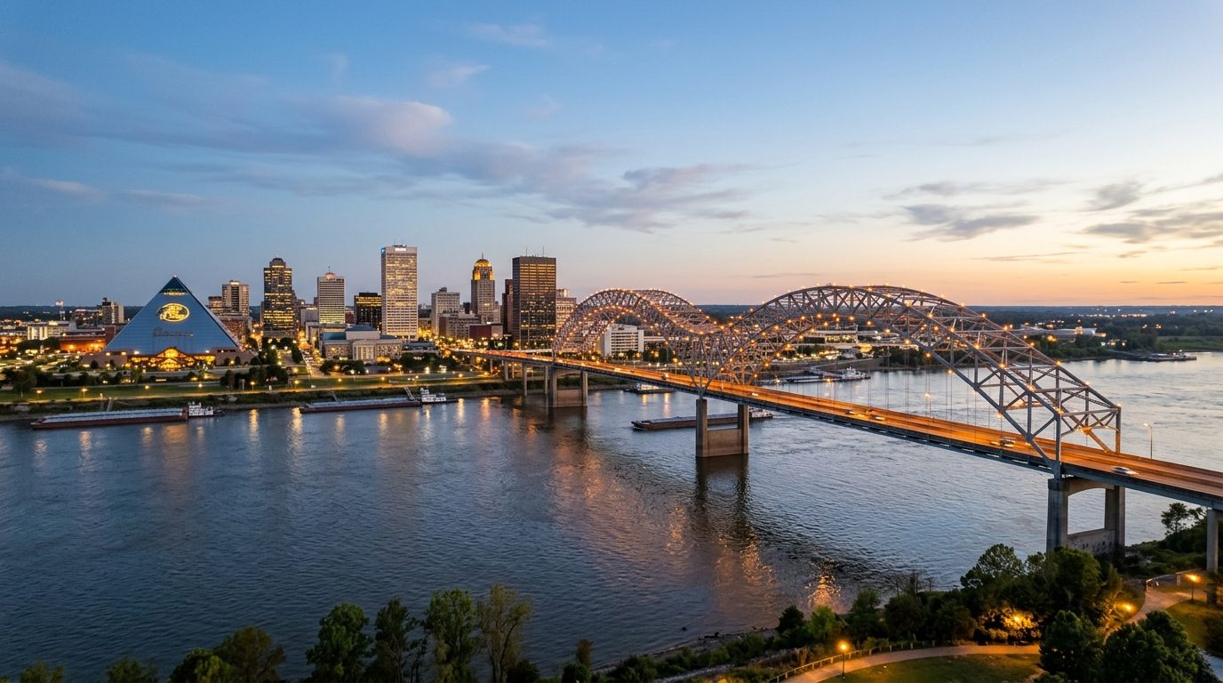 Memphis, TN — A wide photorealistic view of downtown Memphis, the Mississippi River and the Hernando de Soto Bridge in clear evening l