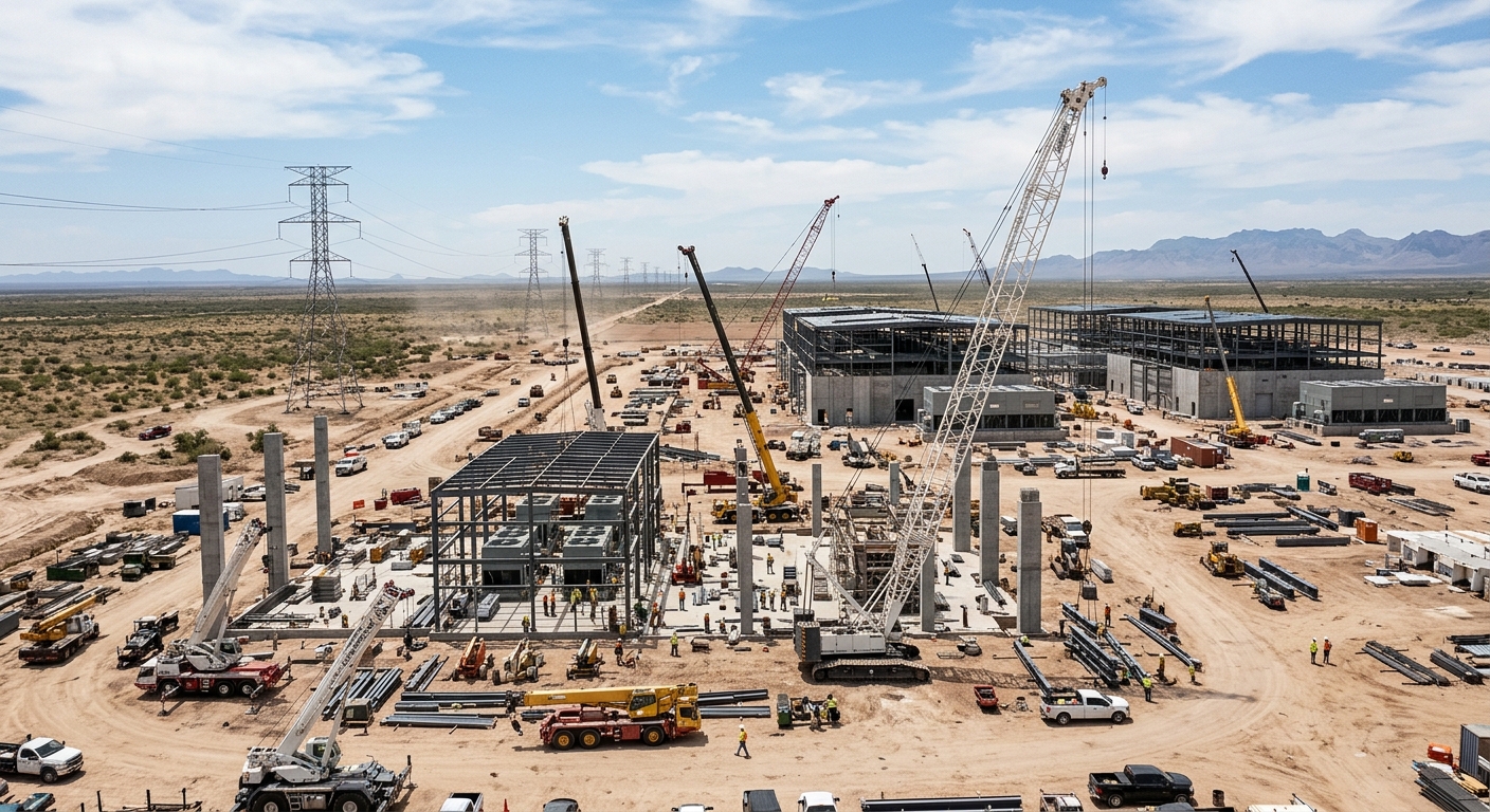 A large data center campus under construction in a West Texas desert landscape.