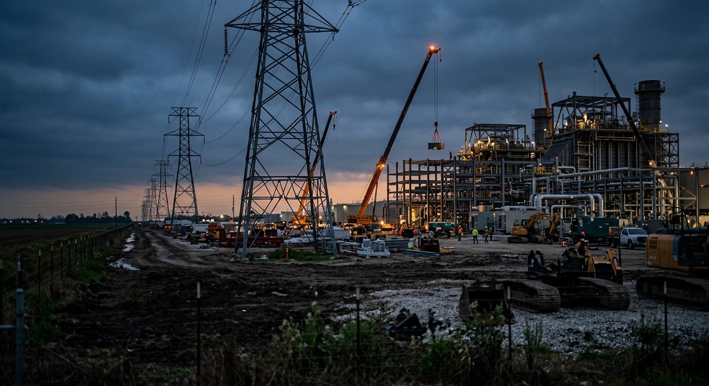 Utility transmission lines and power plant construction in rural Louisiana at dusk