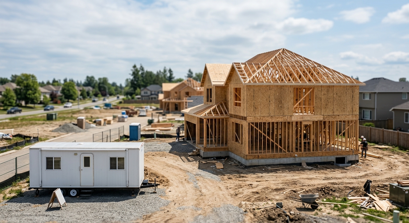 A new single-family home under construction in a suburban development.