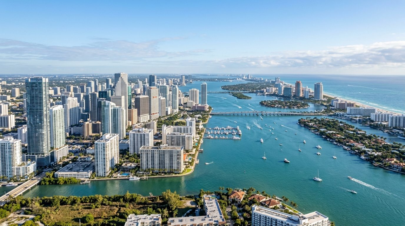 Miami, FL — A wide photorealistic coastal cityscape showing Miami's skyline, Biscayne Bay and the barrier islands in clear morning l