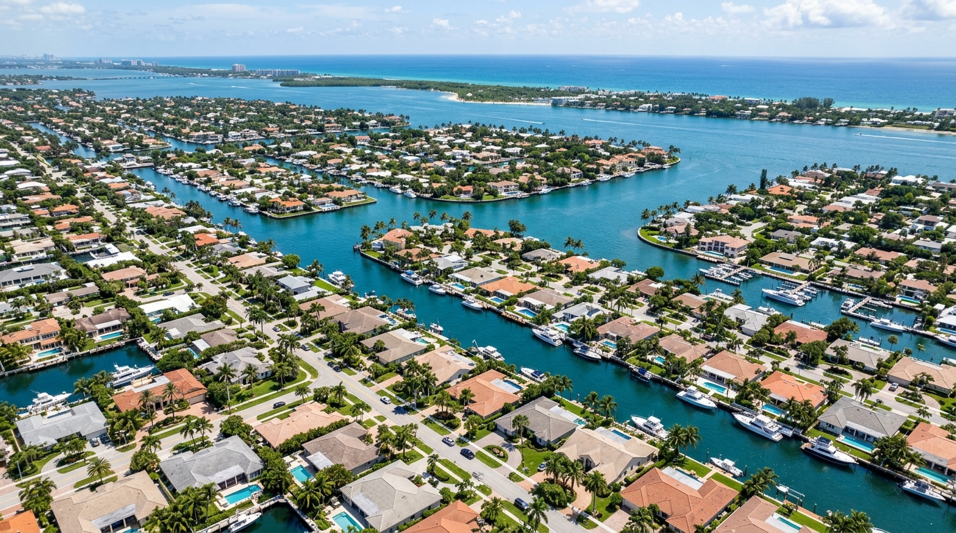 Aerial view of a South Florida coastal residential neighborhood with waterways and rooftops.