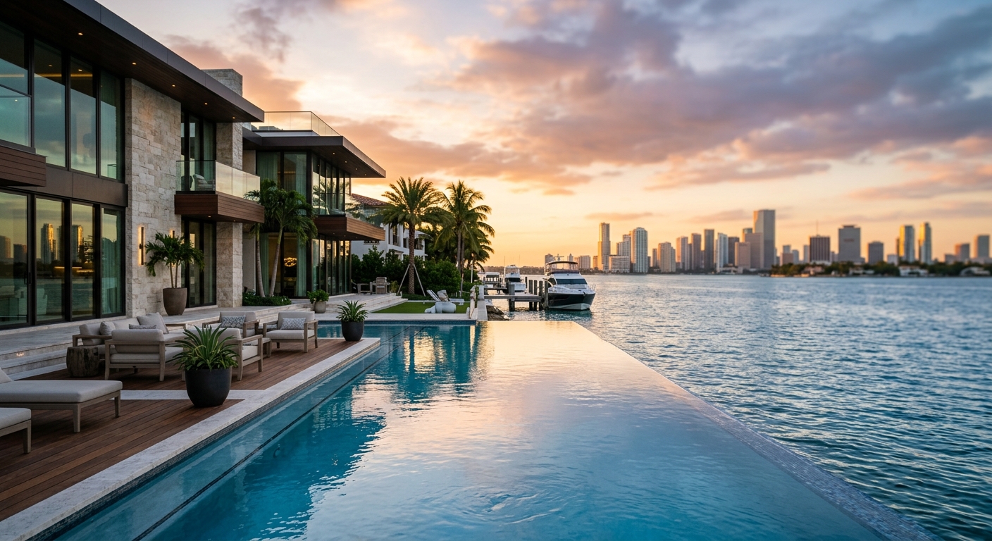 A waterfront luxury mansion in Miami at golden hour, reflecting the citys ultra-luxury real estate boom