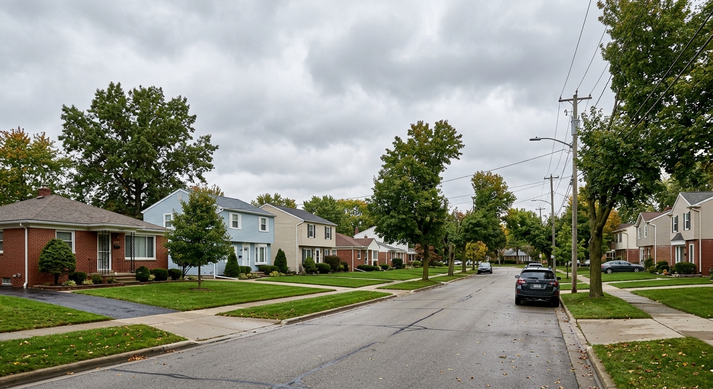 Suburban Michigan neighborhood street representing the state's single-family housing stock.