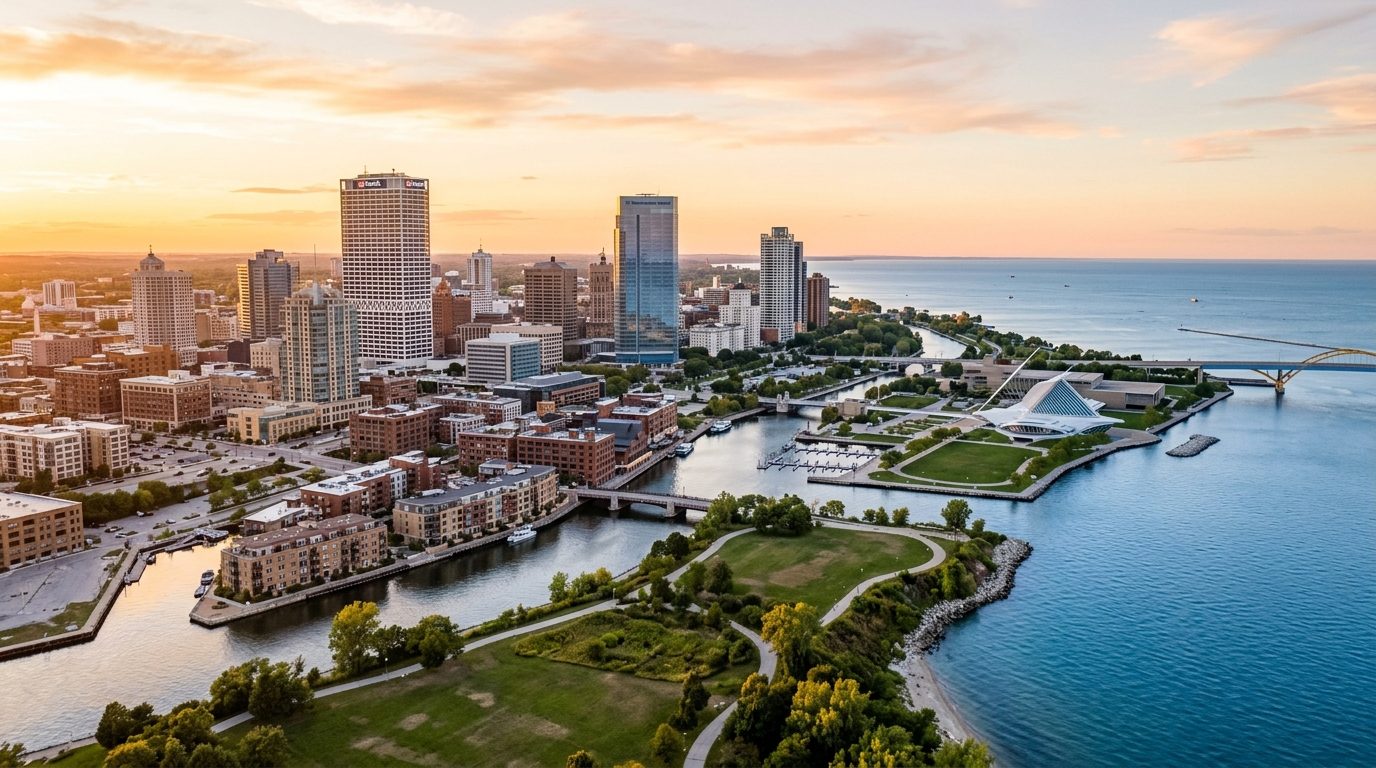 Milwaukee, WI — A wide photorealistic view of the Milwaukee skyline, Lake Michigan shoreline and riverfront districts in clear golden-ho