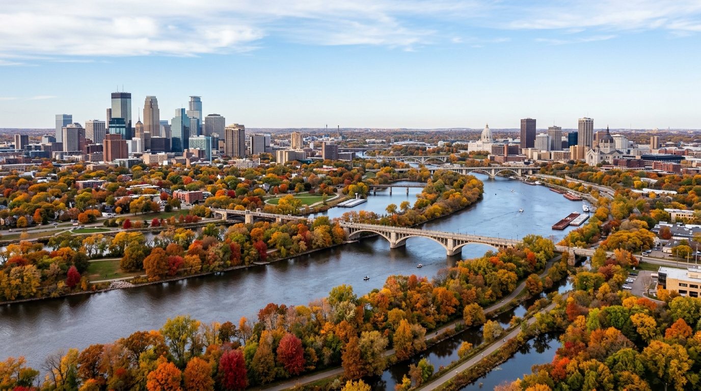 Minneapolis, MN — A wide photorealistic panorama of the Minneapolis and St. Paul skylines along the Mississippi River under clear autumn l