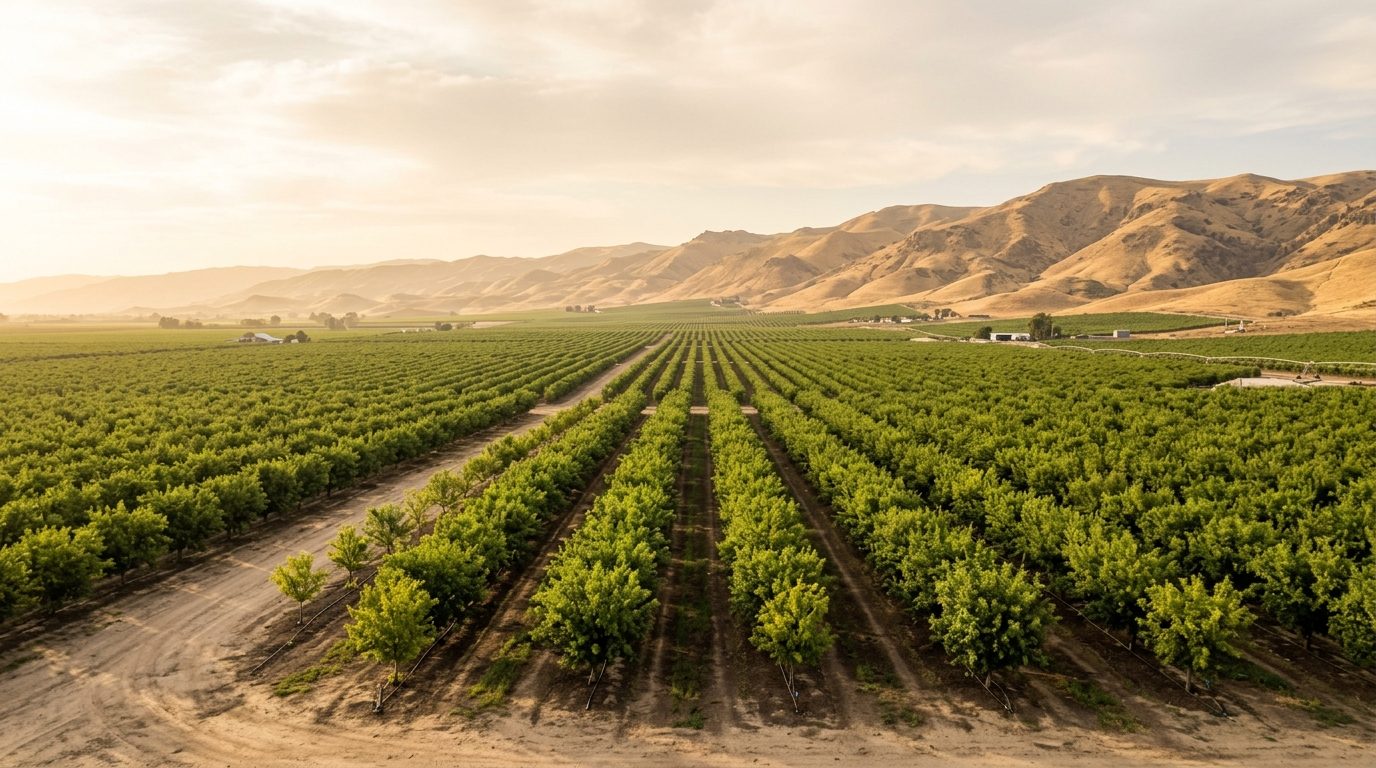 Modesto, CA — Flat Central Valley farmland with orderly rows of almond orchards stretching toward low golden hills under a