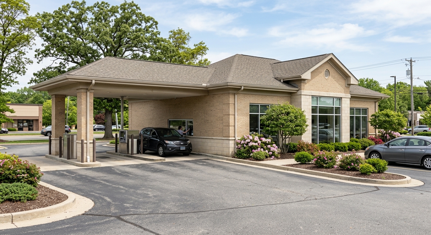 Exterior of a suburban bank branch representing mortgage lending activity.