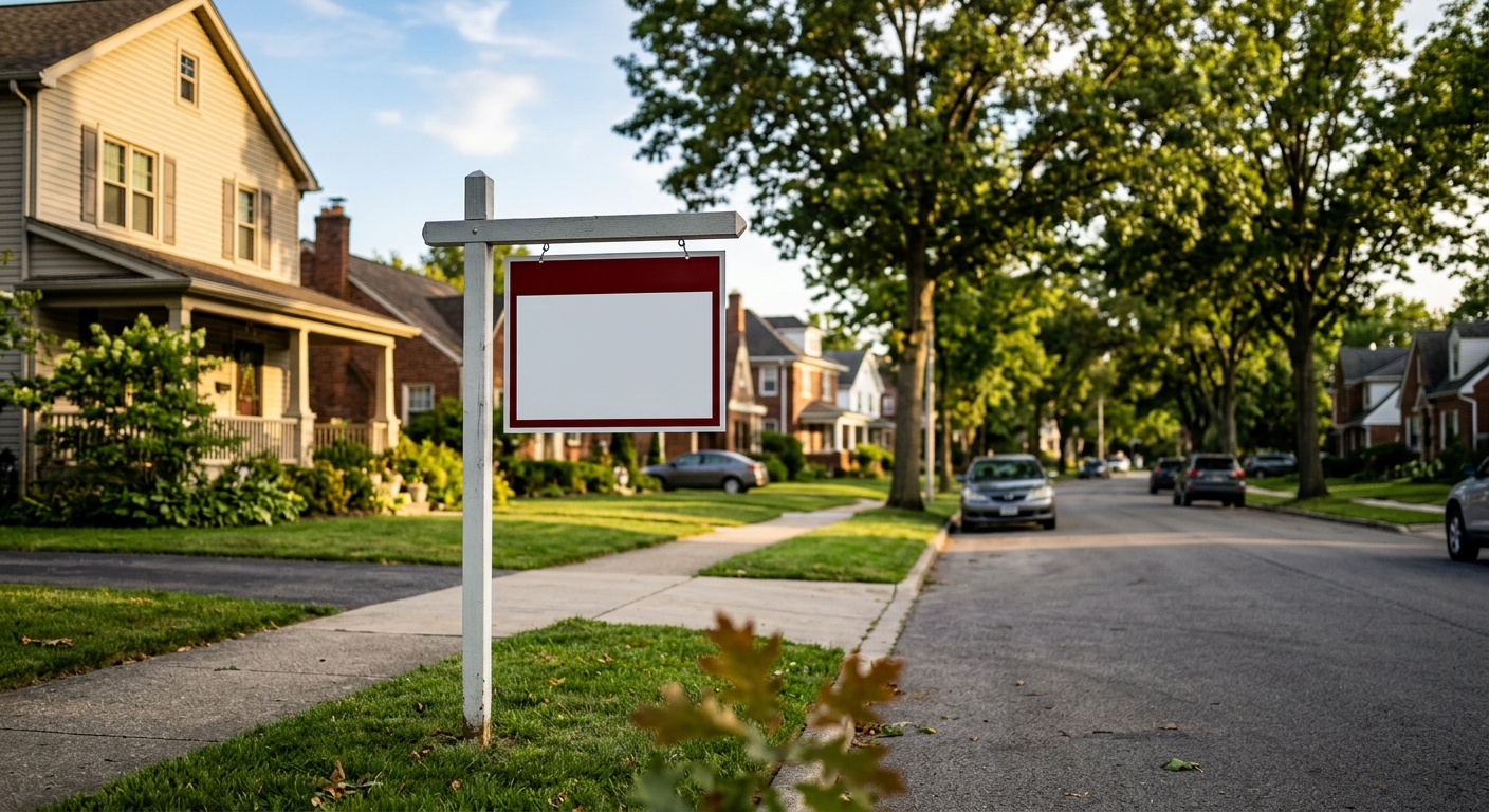 A suburban street of single-family homes with a for-sale sign in front, photographed in warm late-afternoon light.