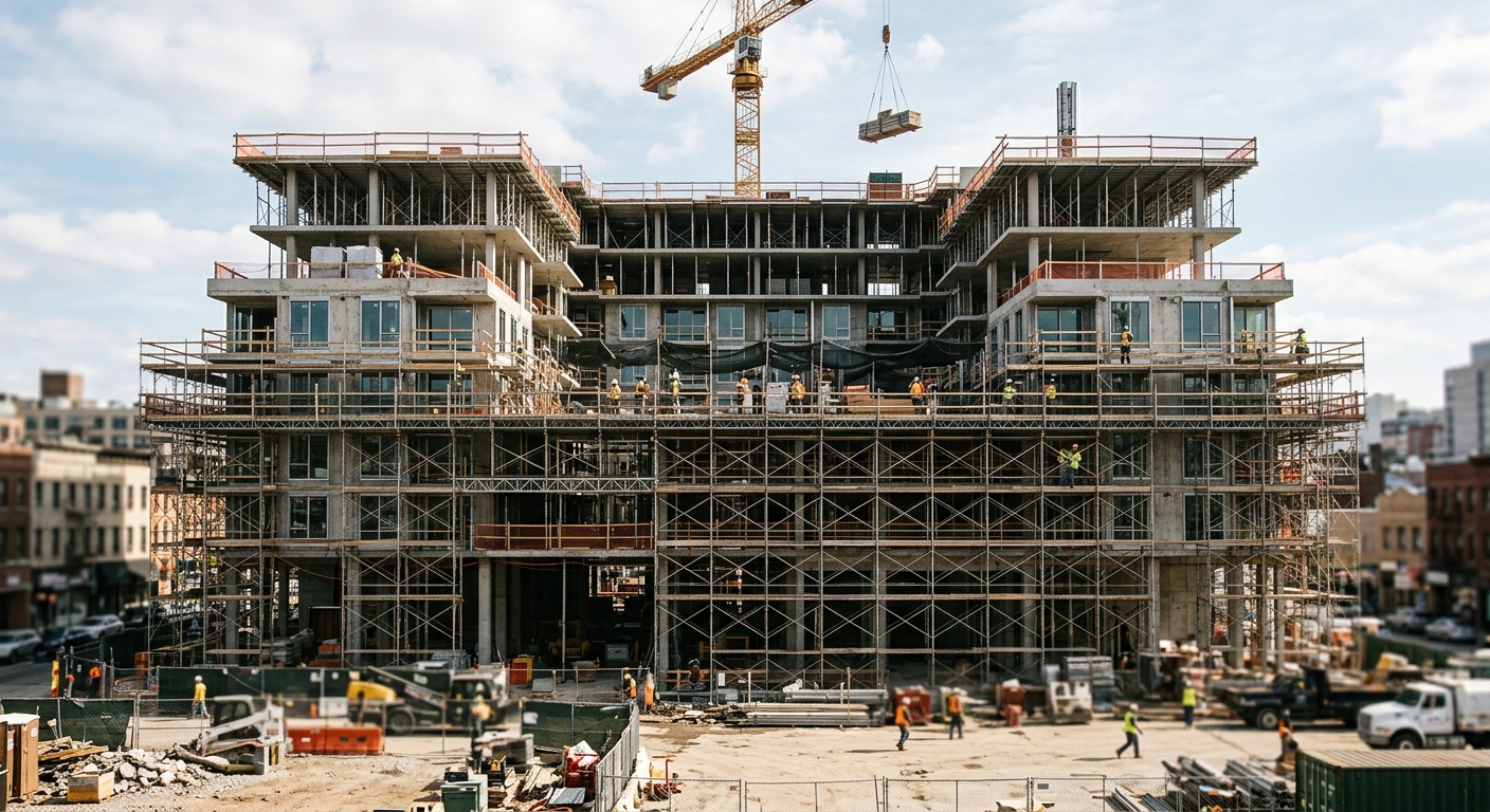 A large mid-rise apartment building under construction with cranes.