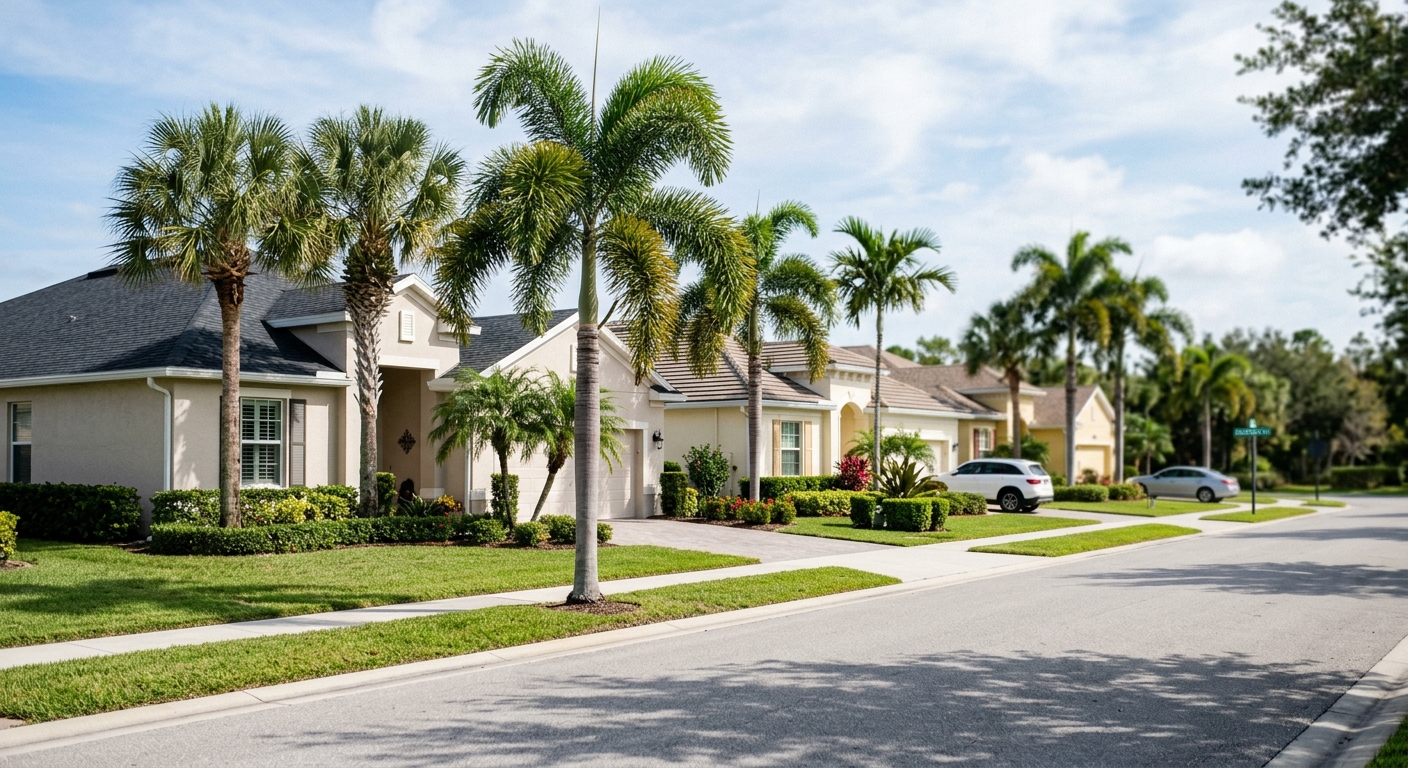 A row of single-family homes with palm trees in a Southwest Florida neighborhood.