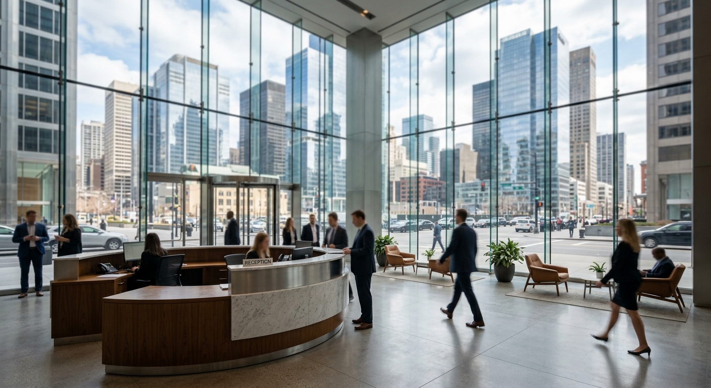 A modern corporate office lobby with glass walls and a city skyline visible outside.