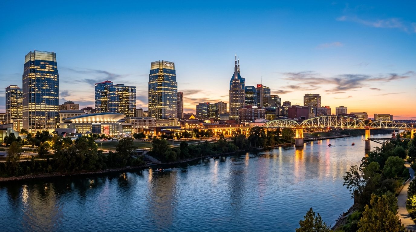 Nashville, TN — A wide photorealistic panorama of the Nashville skyline and Cumberland River beneath clear evening light, with no text o