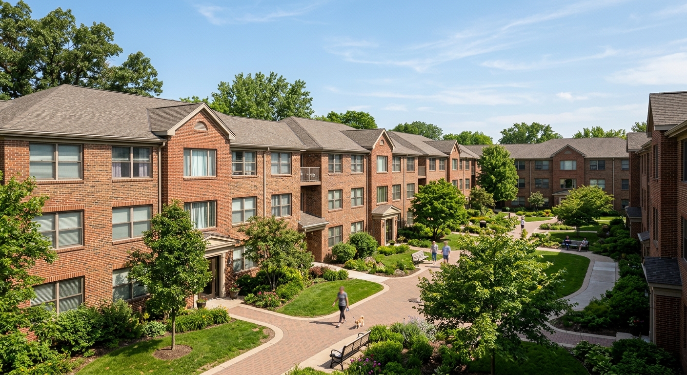 Exterior of a well-maintained affordable multifamily housing complex in a Midwestern city
