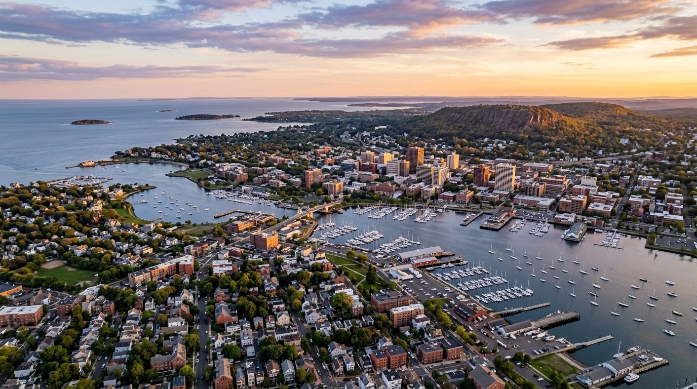 New Haven, CT — New England coastal city skyline meeting Long Island Sound at sunset