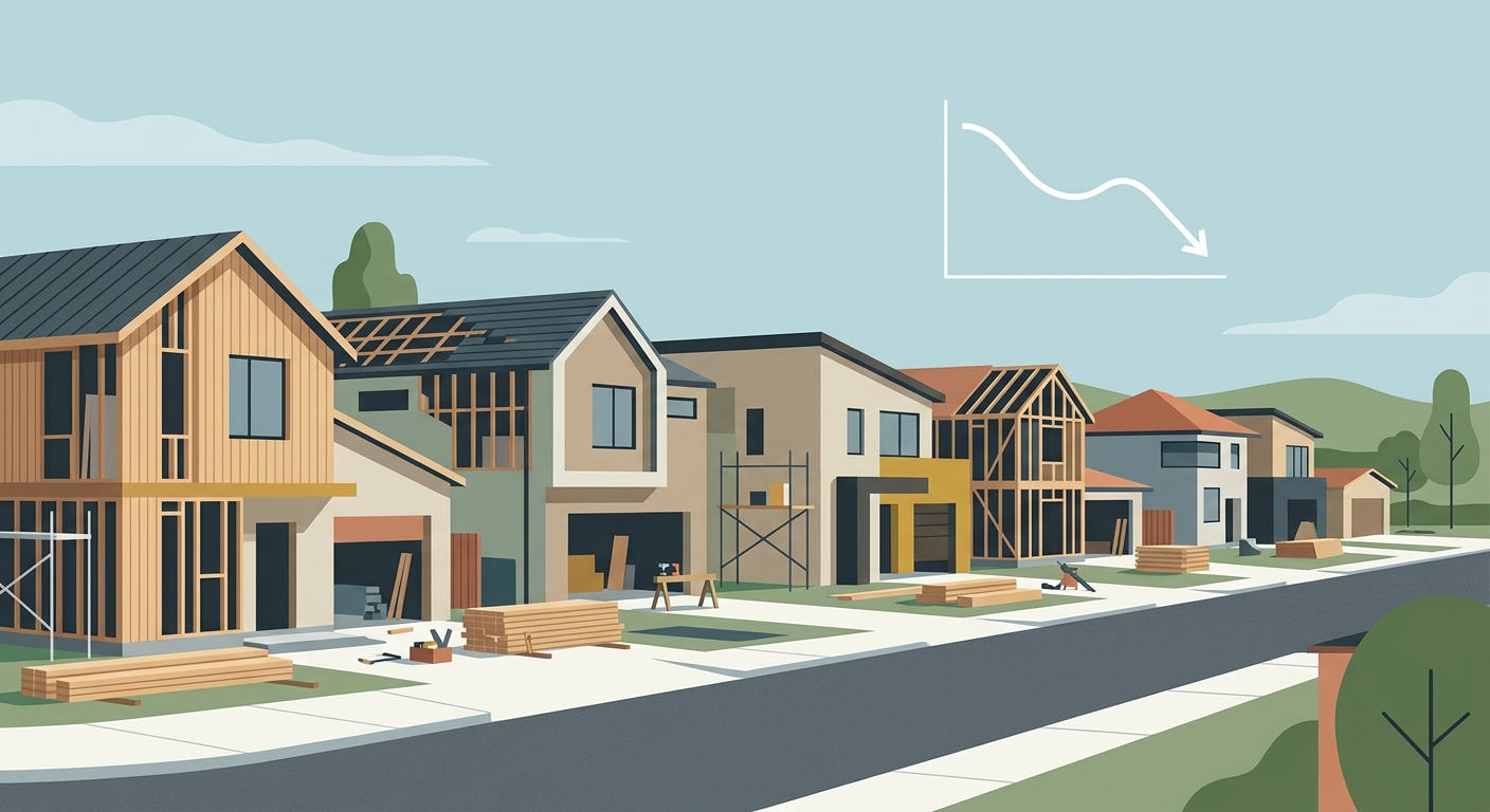 Illustration of new suburban homes under construction with a small downward price trend graphic.