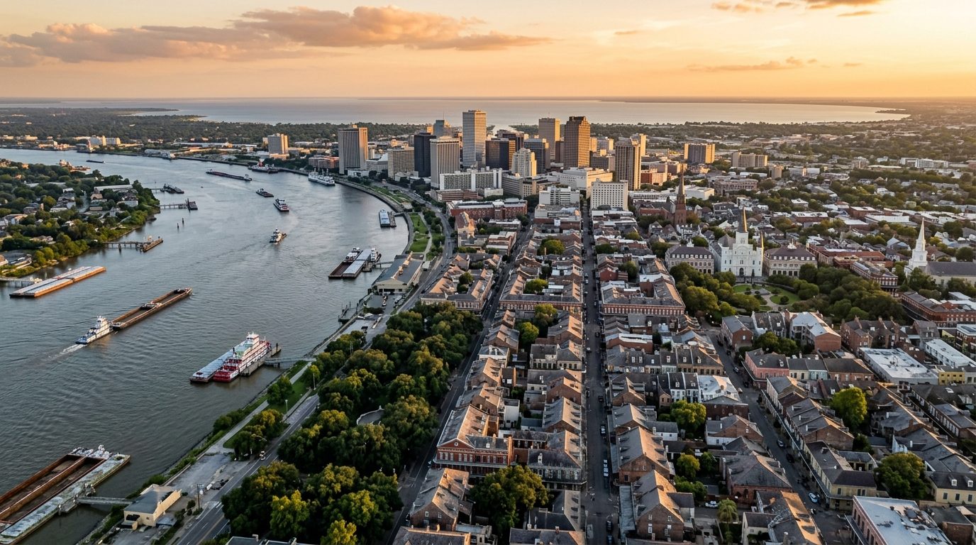 New Orleans, LA — Mississippi River curving past the New Orleans skyline and French