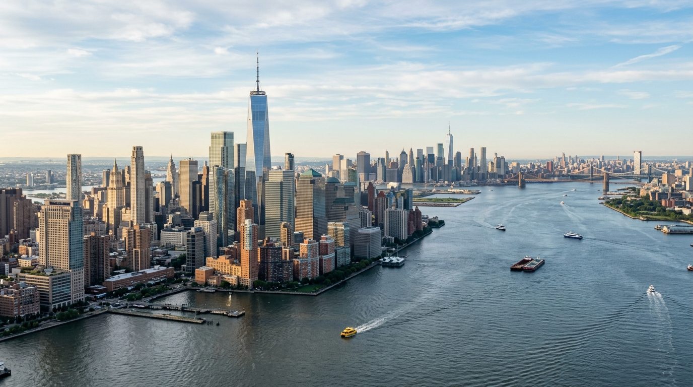 New York, NY — A wide harbor photograph showing Lower Manhattan, the Hudson and East rivers, and the New Jersey waterfront in clear ear