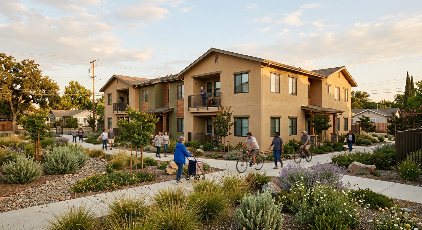Exterior view of a newly constructed multifamily supportive housing building in California with landscaped walkways.