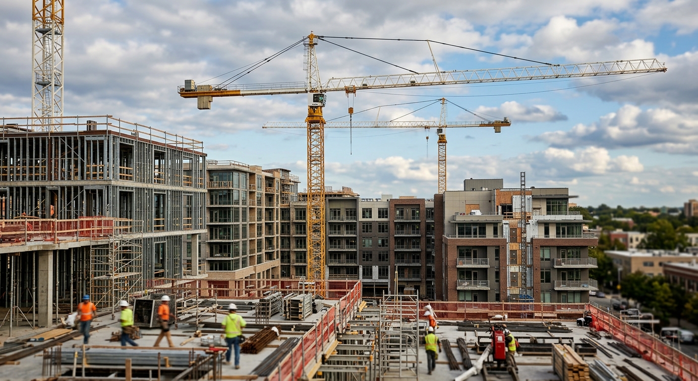 Construction cranes at a modern apartment complex development site under daytime natural light.