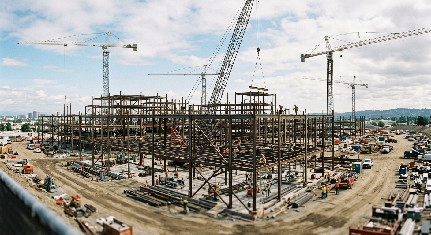 A large commercial construction site with steel framing and cranes under a daytime sky.