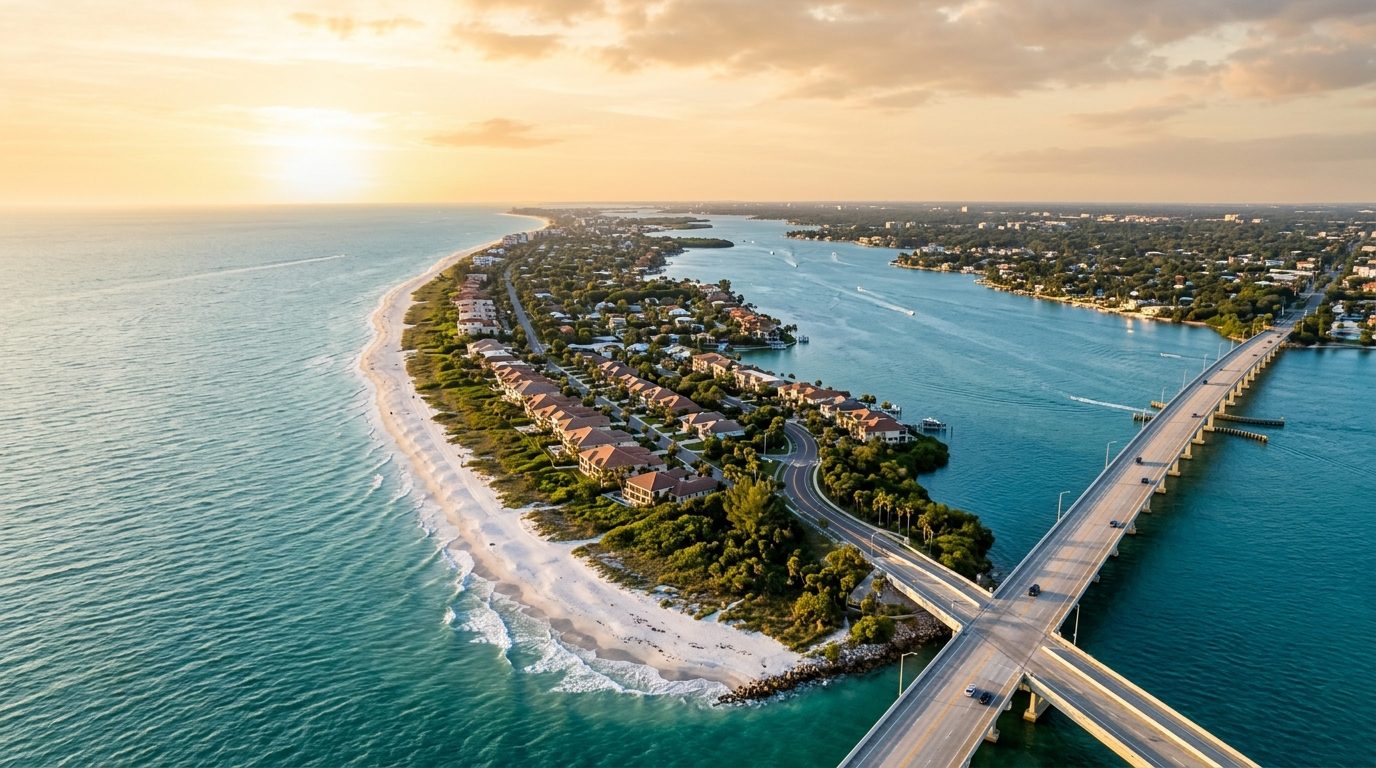 North Port, FL — Florida Gulf Coast barrier island at with turquoise water, white sand beach