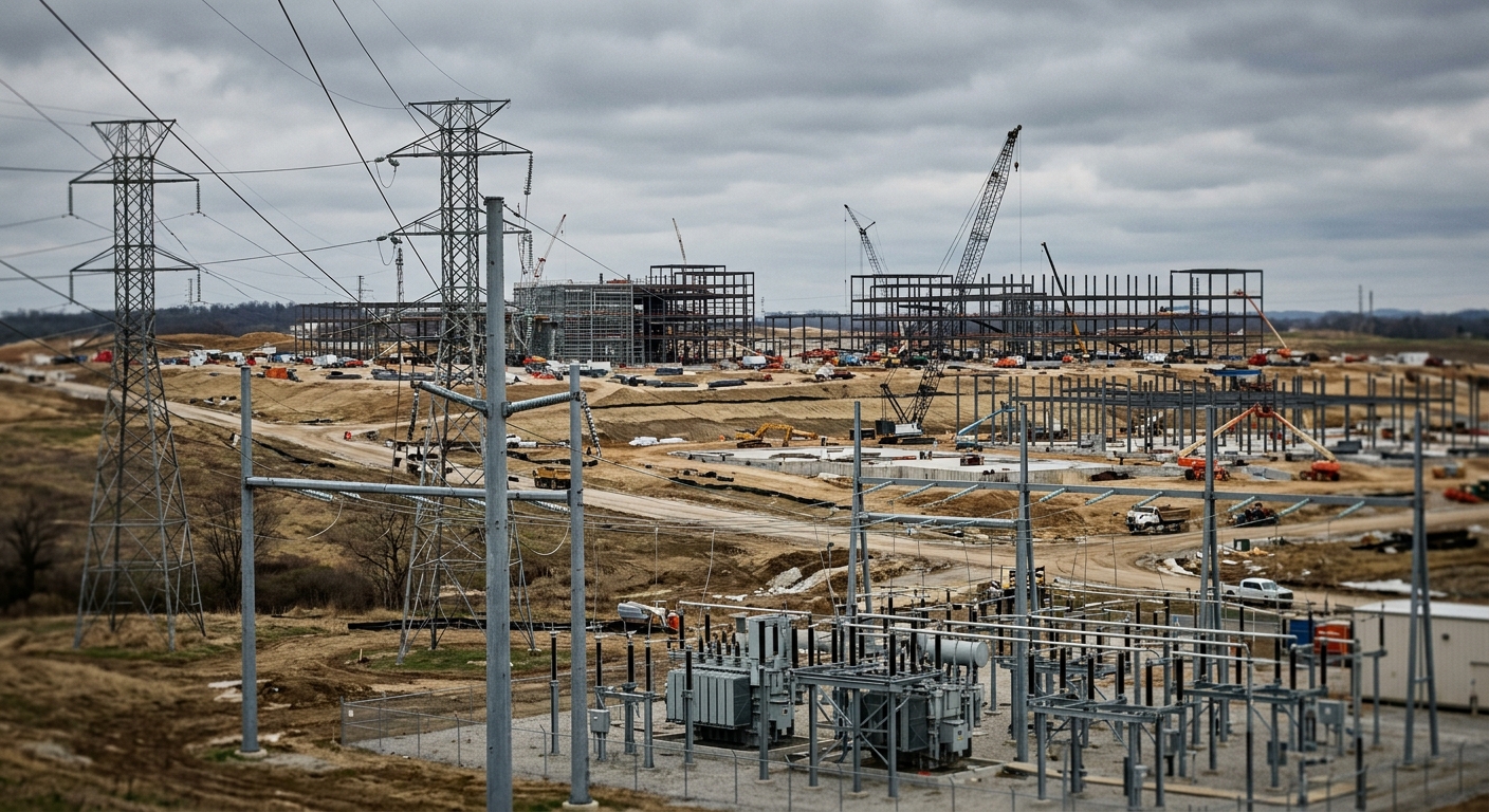 A large data center campus under construction on cleared land with electrical transmission infrastructure in the foreground.