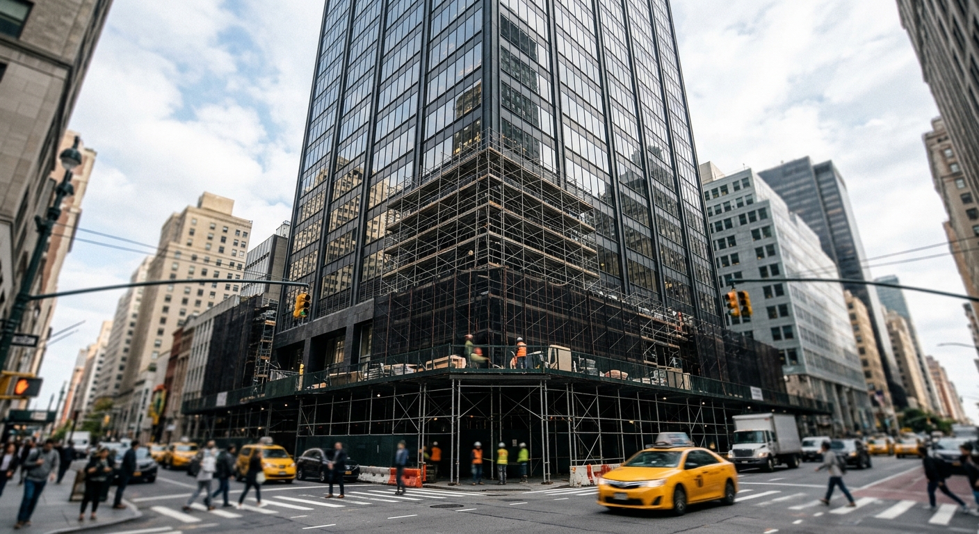 Exterior of a tall Manhattan office tower under renovation with scaffolding visible on lower floors.